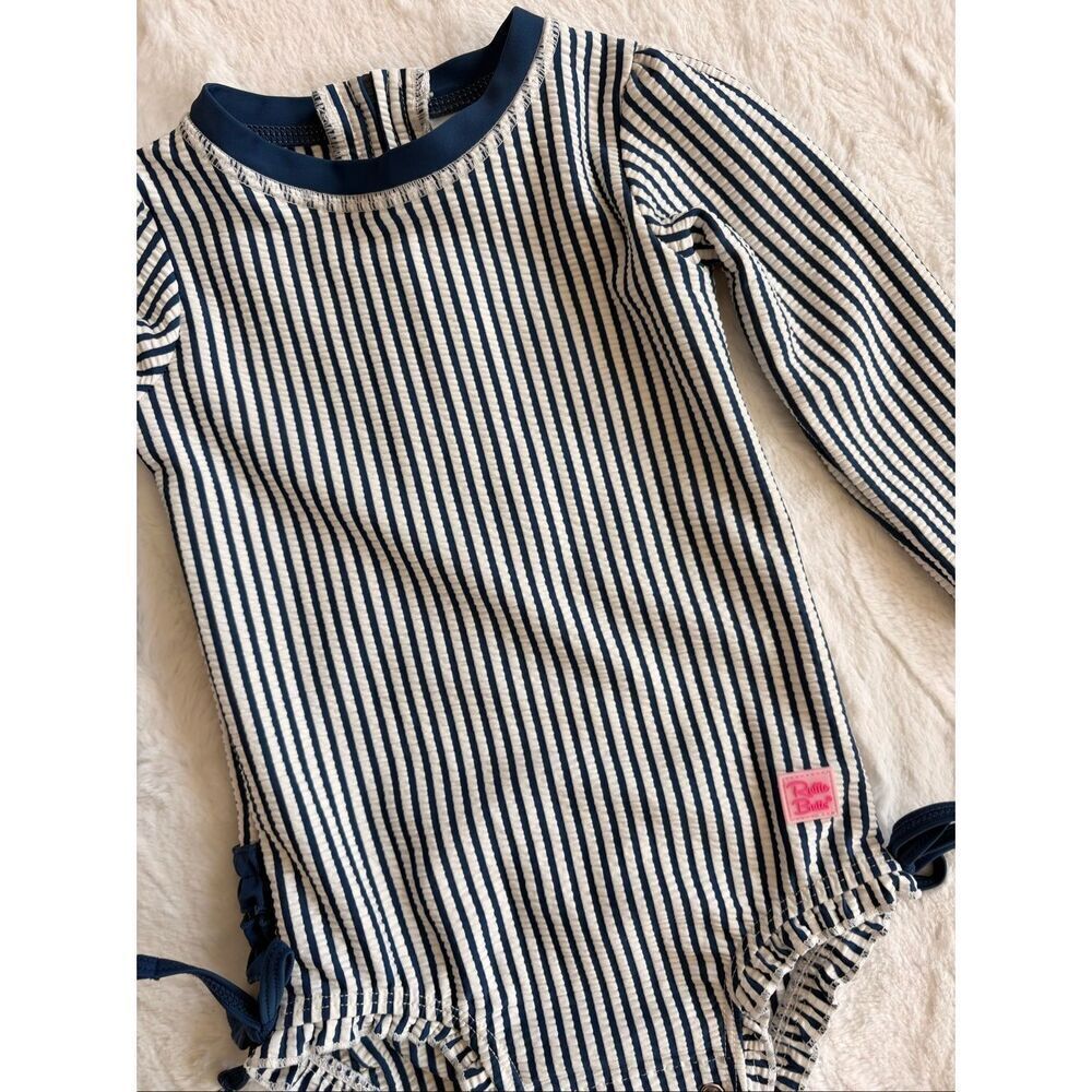 Ruffle butts baby girl  striped blue and white swim size 12-18 Months